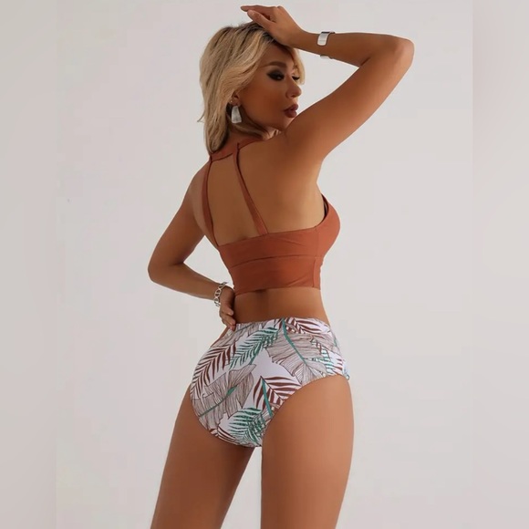 NIB High Waist Leaf Print  Bikini, Contrast Print Bathing Suit - Picture 4 of 9